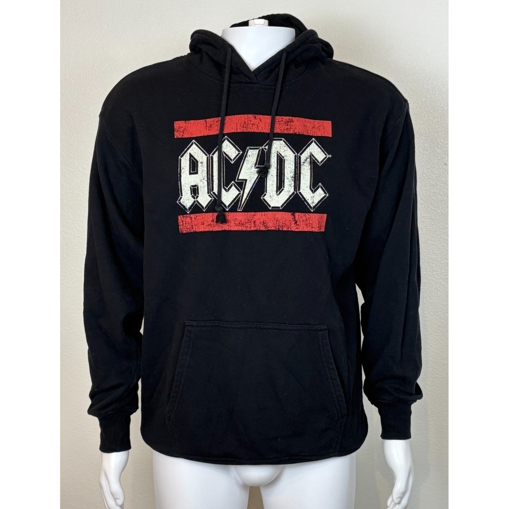 AC/DC Hoodie‎ Size L Black Pullover Distressed Red Bars Logo Official Merch 2022